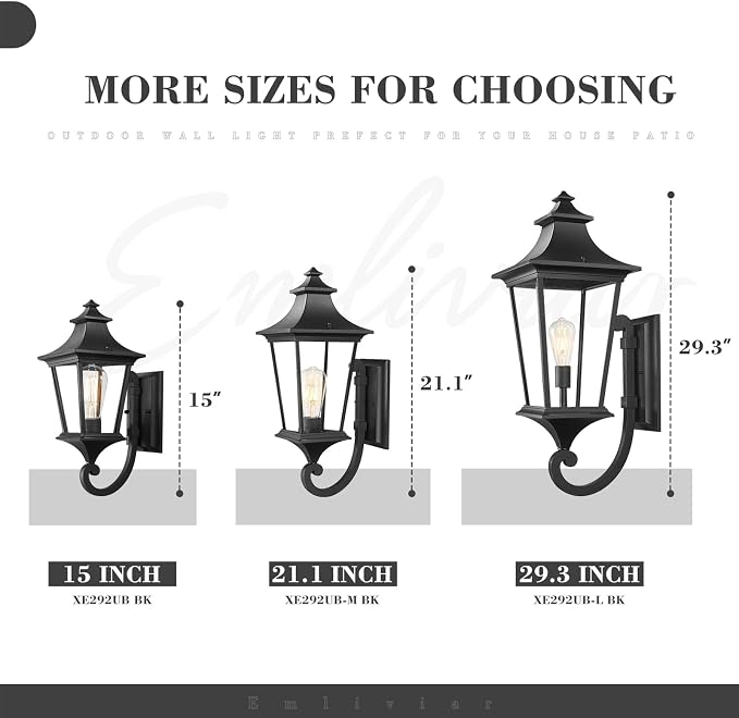 Emliviar 29.3 Inch Outsider Wall Lantern, Outdoor Wall Light Suitable for House Porch, Clear Glass in Black Finish, XE292UB-L BK