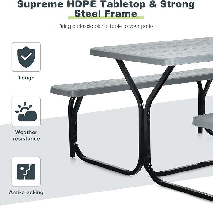 COSTWAY Outdoor Picnic Table, HDPE Plastic Picnic Table Bench Set with Weather Resistant Tabletop & Wood Texture, Ideal for Patio, Backyard (59" D x 54" W x 28.5" H,Grey)