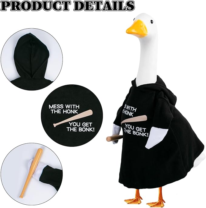 CAMDUCK Porch Goose Outfit Hoodie Mess with The Honk You Get The Bonk Baseball Goose Clothes with Wood Bat Warning Porch Sign for Plastic Cement Goose Statue Garden Lawn Yard Patio Outdoor Decor
