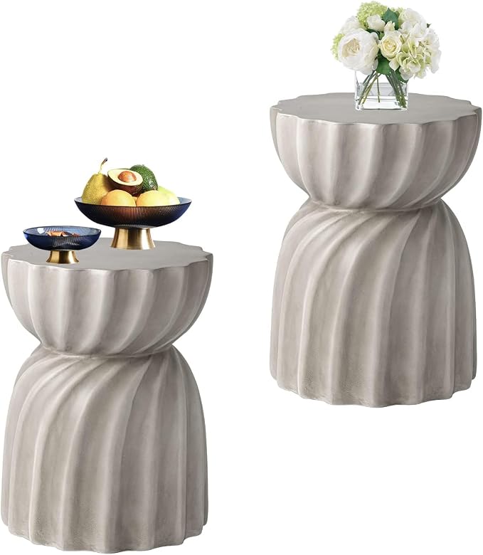 HOMPUS Outdoor Concrete Side Table Set of 2,2 Piece Unique Round Patio MgO End Table, Lightweight Small Accent Table Garden Stool for Indoor Outdoor Use, Backyard, Natural Grey