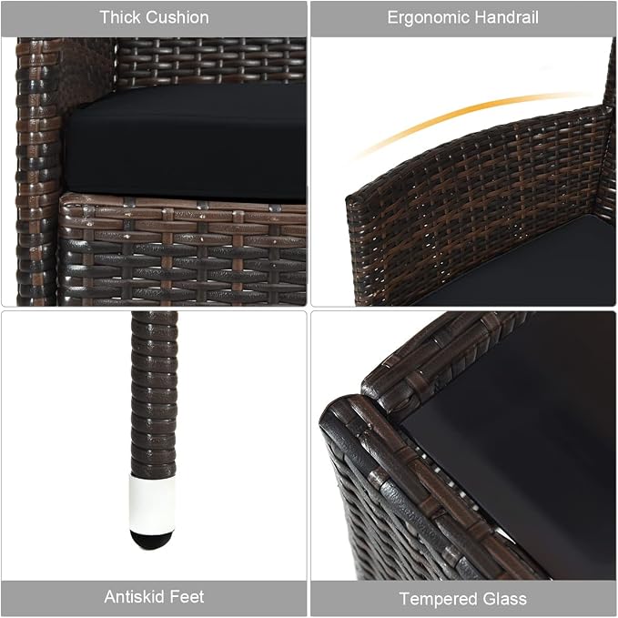 4 Pieces Patio Sofa Set, Wicker Conversation Set with Ergonomic Curved Backrest, Patio Rattan Furniture Set with Water-Resistant Cushion & Tempered Glass Table for Balcony, Porch (Black)