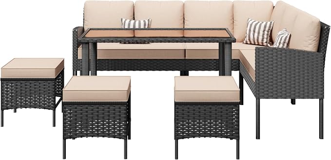 7-Piece Patio Furniture Set with Cushions and Pillows, Outdoor Wicker Sectional Sofa with Long Glass Coffee Table, All-Weather Conversation Set for Garden, Porch, Lawn, Khaki