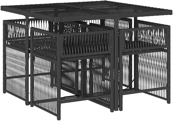 5 Piece Garden Dining Set with 4 High-Back Chairs and Rectangular Table, Black Poly Rattan and Tempered Glass Outdoor Patio Set with Removable Cushions, Foldable and Stackable