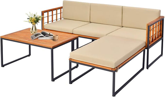 Tangkula 5 Piece Patio Furniture Set, Acacia Wood Sectional Set with Heavy-Duty Metal Frame, Comfy Seat & Back Cushions, Outdoor Wood Conversation Chair Set for Poolside, Porch, Backyard (Beige)