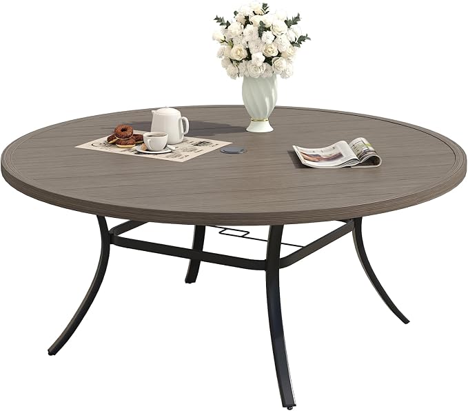 Patio Dining Table for 6-8, Round Metal Outdoor Table with 1.57" Umbrella Hole, 50" Outdoor Slat Tabletop Dining Table for Backyard, Porch, Lawn, Grey