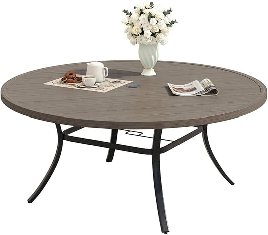 Patio Dining Table for 6-8, Round Metal Outdoor Table with 1.57" Umbrella Hole, 50" Outdoor Slat Tabletop Dining Table for Backyard, Porch, Lawn, Grey
