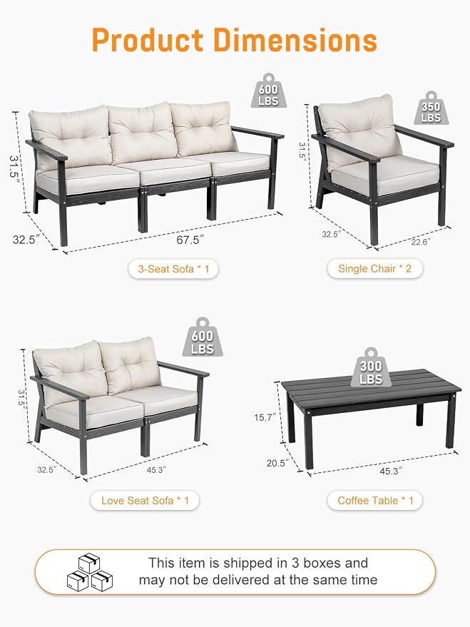 HDPE Patio Conversation Set 7 Seats, Outdoor Furniture Set, Patio Sofa Set | Water-Resistant Thick Cushion, HDPE All Weather, Wood-Grain, No Rot or Rust or Crack, UV Fade Shield, Easy-Clean for Outside