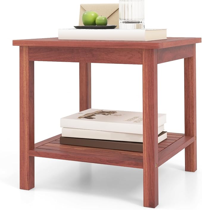 Tangkula Patio Side Table, Double-Tier Acacia Wood End Table, Slatted Tabletop & Shelf, Outdoor Small Side Table with Storage, Compact Wood Table for Backyard, Balcony (2, Natural)