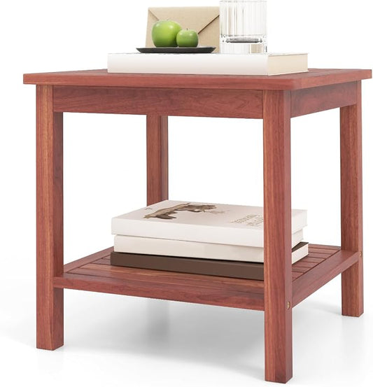 Tangkula Patio Side Table, Double-Tier Acacia Wood End Table, Slatted Tabletop & Shelf, Outdoor Small Side Table with Storage, Compact Wood Table for Backyard, Balcony (1, Natural)