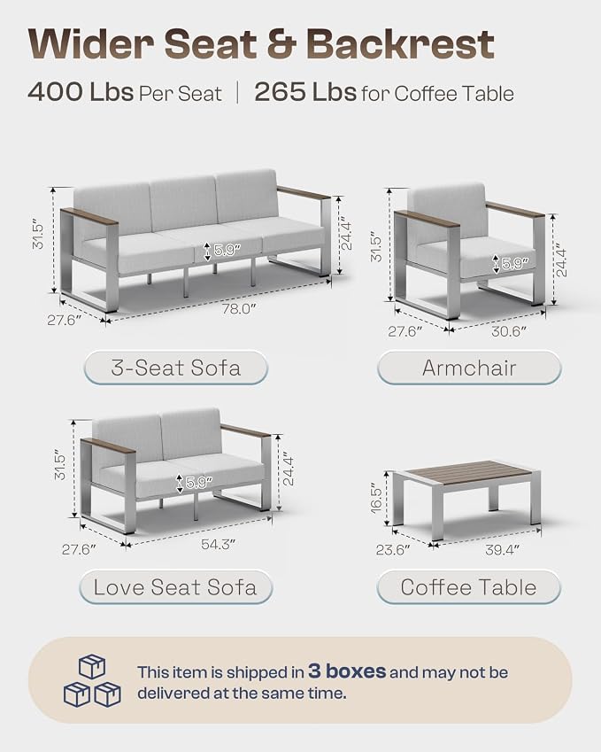 Aluminum Outdoor Furniture Set, 4 Seats Outdoor Patio Conversation Sets with Ergonomic Seat and Wide Washable Thick Cushions, Modern Patio Sectional Furniture for Balcony, Porch (Gray)