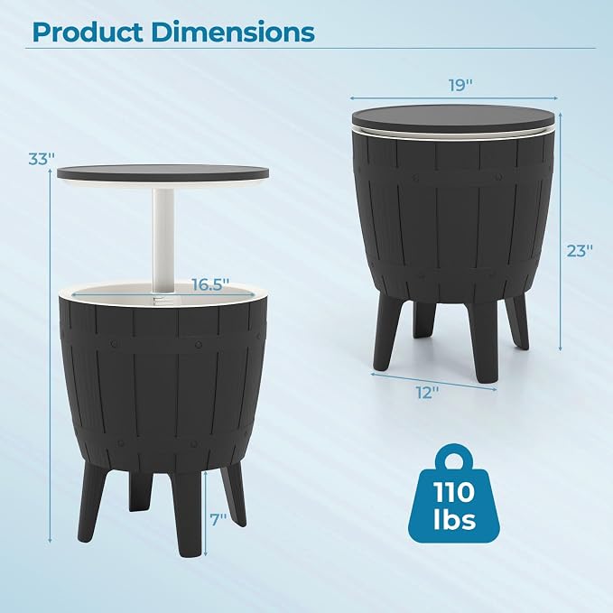 COSTWAY Outdoor Cooler Bar Table, 10 Gallon Cooler with Height Adjustable Tabletop, 3-in-1 Ice Bucket for Beer & Wine, All-Weather Cocktail Table for Backyard, Party, Poolside (Black)