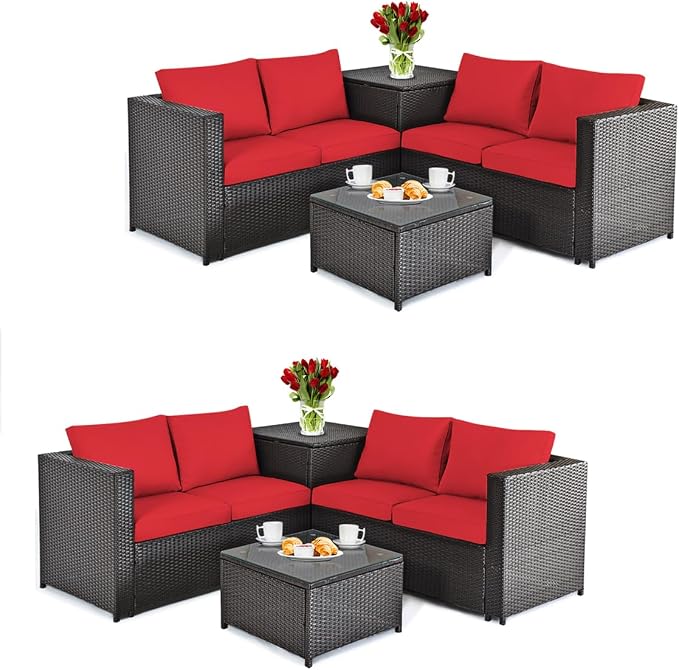 DORTALA 8 Pieces Outdoor Patio Furniture Set, Weather Resistant PE Rattan Conversation Set with Loveseats, Outdoor Sectional Sofa Set with Comfy Cushions for Garden and Poolside, Red