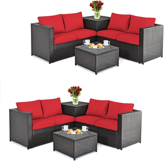 DORTALA 8 Pieces Outdoor Patio Furniture Set, Weather Resistant PE Rattan Conversation Set with Loveseats, Outdoor Sectional Sofa Set with Comfy Cushions for Garden and Poolside, Red