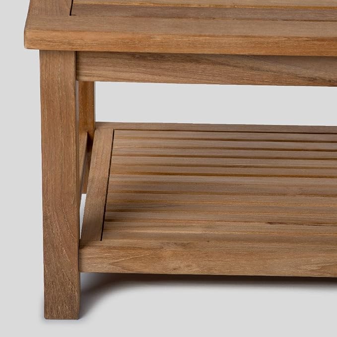 TITAN GREAT OUTDOORS Ash & Ember Sierra Grade A Teak 47" Coffee Table with Shelf, Weather Resistant Tea Table for Deck, Porch, or Backyard Use, Slatted Indoor Outdoor Patio Lounge Furniture