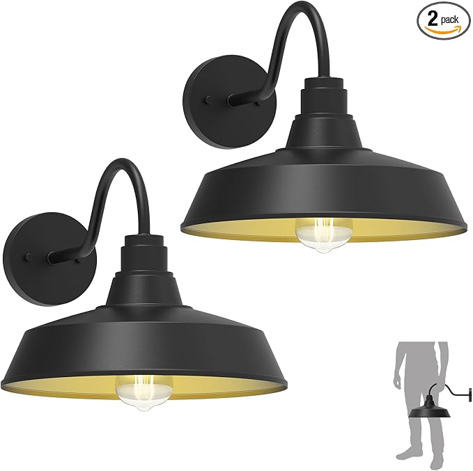 14.5" Dome Gooseneck Barn Light, Outdoor Anti-Rust&Waterproof Farmhouse Wall Sconce, Outdoor Wall Lanterns for Porch/Patio, E26 Base 100W Max(Black 2-Pack Exterior Lighting Fixtures)