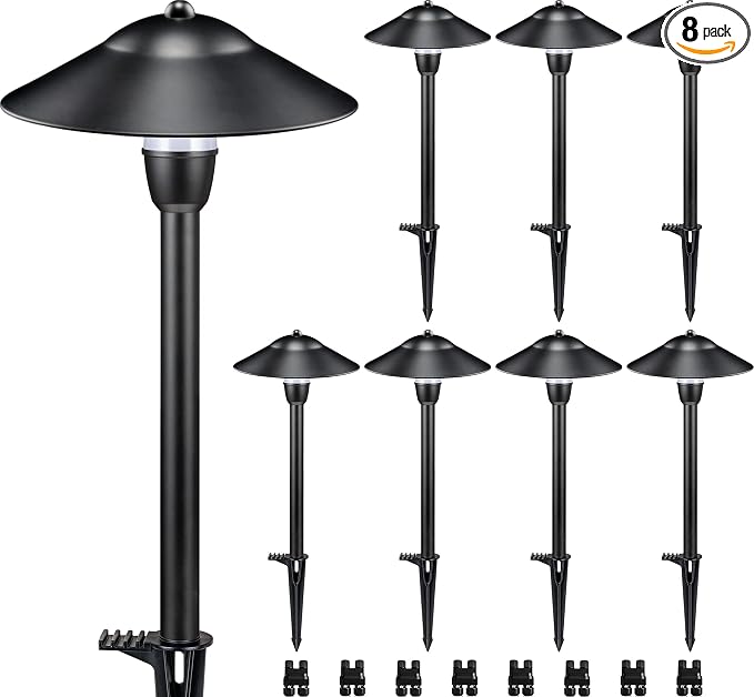 SUNVIE 3W Low Voltage Pathway Lights, 8-Pack 3000K 12-24V Classic Aluminum | 150lm, IP65 Waterproof, ETL Listed Wire, with Fastlock2 Connectors, Landscape Path Lights, for Yard Garden Walkway Driveway