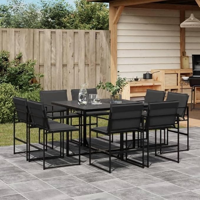 9 Piece Patio Dining Set with Cushions Black Textilene Outdoor Table and Chairs for Garden Backyard Dining Foldable Storage Space Saving Tempered Glass Tabletop UV Resistant Steel Frame