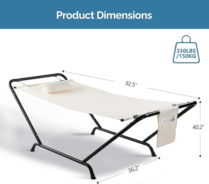 Freestanding Hammock with Stand,Large Camping Hammock,Portable Hammocks for Adults,Heavy Duty Outdoor Hammocks Bed,with Soft Pillow & Storage Bag,for Outside Patio Porch Beach Backyard (Beige)