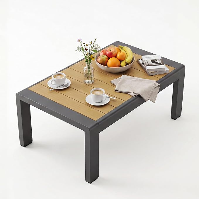 Aoxun Aluminum Patio Coffee Table, All-Weather Outdoor Metal Coffee Table with Stylish Tabletop for Balcony, Garden, Dark Grey