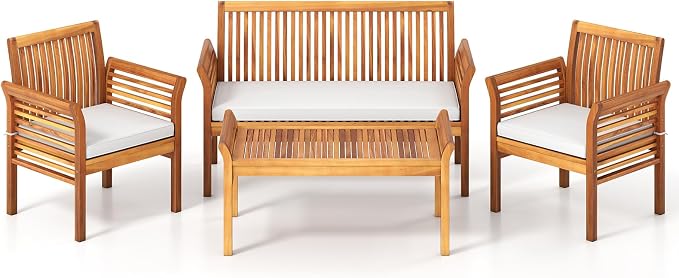 4 Piece Patio Furniture Set, Acacia Wood Sofa Set with Rectangular Coffee Table & Soft Seat Cushions, Outdoor Conversation Set for Garden, Backyard & Poolside