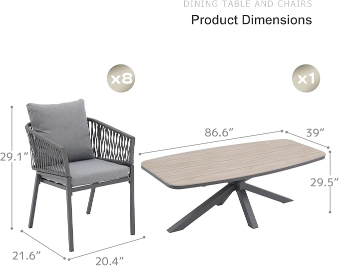 SUNSITT 9 Piece Outdoor Patio Dining Set, Patio Dining Furniture Set with 87” Aluminum Dining Table w/X Base Legs and 8 Woven Rope Outdoor Patio Chairs w/Curved Armrest for Garden, Dark Grey