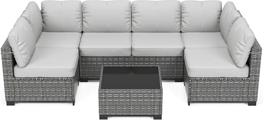 GarveeLife 7 Pieces Patio Furniture Set, Rattan Sectional Patio Sofa Set with 4 Sofas and One Coffee Table, Modular Outdoor Conversation Sofa Set for Garden, Backyard, Porch, Grey