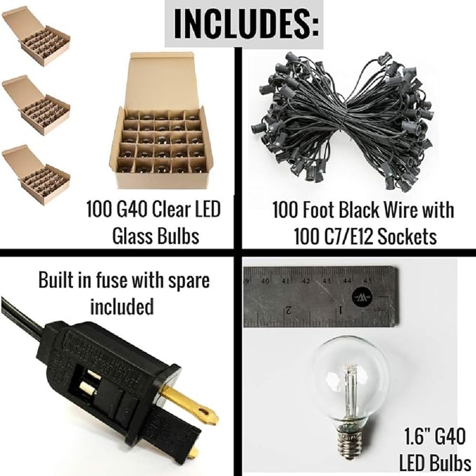 100 Foot Outdoor LED String Lights with G40 LED Globe Bulbs (Black Wire) | LED Outdoor String Lights for Patio Cafe Deck Party and Backyard Lighting