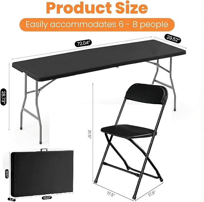 6FT Folding Table Set with 6 Plastic Folding Chairs, Black Heavy Duty Fold-in-Half Utility Table Chairs Sets for Picnic, Event, Training, Dining, Outdoor Activities Commercial Use
