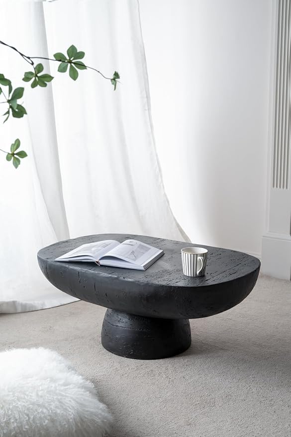 36" Faux Stone Coffee Table for Living Room Oval Coffee Table for Indoor or Outdoor, Modern Travertine Concrete Pattern Center Tables Side Tables, Magnesium Oxide, No Assembly,Black