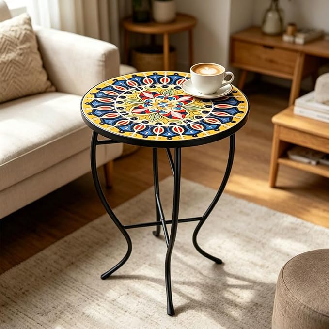 14 Inch Mosaic Patio Side Table with X-Curved Legs, Indoor Outdoor Accent Round End Table with Ceramic Tile Tops for Yard, Garden, Living Room, Bistro, C - Grand Mandala