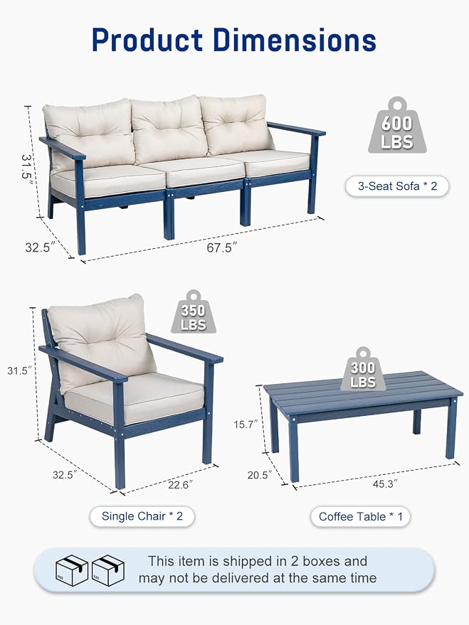 HDPE Patio Conversation Set 8 Seats, Outdoor Furniture Set, Patio Sofa Set | Water-Resistant Thick Cushion, HDPE All Weather, Wood-Grain, No Rot or Rust or Crack, UV Fade Shield, Easy-Clean for Outside