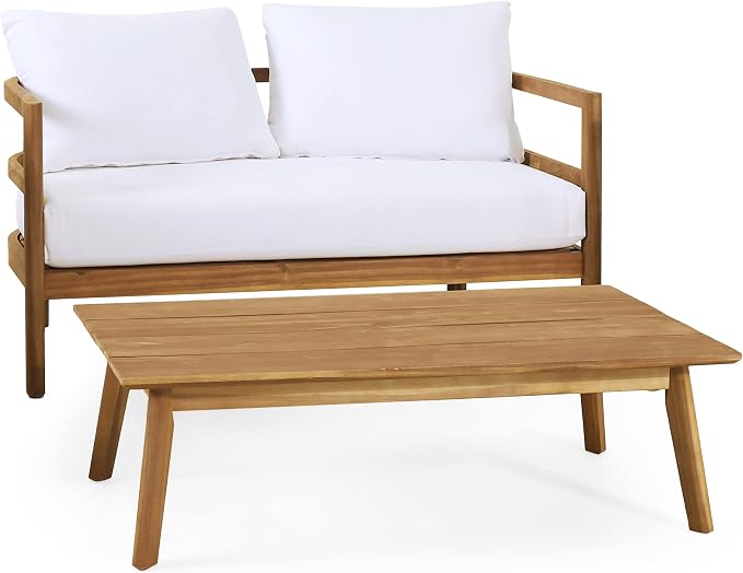 Christopher Knight Home Molly 5-Piece Patio Furniture Set, Solid Wood Outdoor Conversation Set with Coffee Table, Outdoor Sofa Set with Loveseat, Club Chairs And 3-Seater Sofa for Backyard, Teak+White