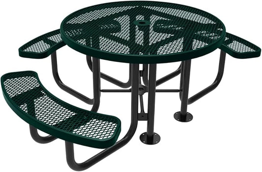 COATEDOUTDOORFURNITURE Heavy-Duty Portable Outdoor Picnic Table with Umbrella Hole, Expanded Metal Patio Dining Furniture Made in America (46" Round Top, Dark Green)