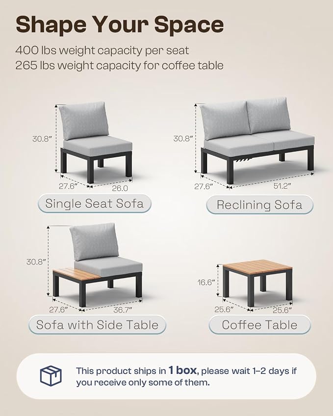 Aluminum Outdoor Patio Sofa Set, 2 Seats Modular Sectional Single Seat Sofa Chairs with Removable Cushions, All-Weather Outdoor Conversation Sets for Garden & Yard, Gray