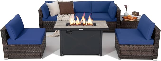 Tangkula 7 Piece Patio Furniture Set with Fire Pit Table, Includes 42 Inches 60,000 BTU Propane Rectangle Fire Pit Table and Protective Cover, Outdoor Cushioned Sectional Sofa Set for 5 (Navy)