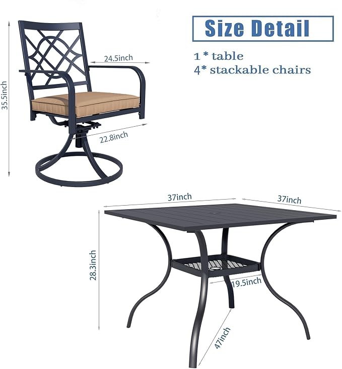 Crownland 5 Piece Patio Dining Set, 4 Swivel Metal Chairs and Square Outdoor Dining Table with Sky Blue 9FT Round Outdoor Umbrella (Metal Tabletop)