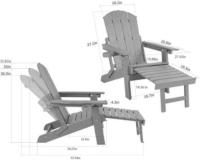 Outdoor Foldable Adirondack Chair with footrest,Patio Recliner,3-Level Adjustable Backrest,Hidden Ottoman,Ergonomic Design,Ideal for Patio,Camping, Pool Use.(Natural)