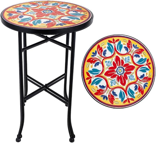 14 Inch Mosaic Patio Side Table with X-Straight Legs, Indoor Outdoor Accent Round End Table with Ceramic Tile Tops for Yard, Garden, Living Room, Bistro, A - Med. Floral Pattern
