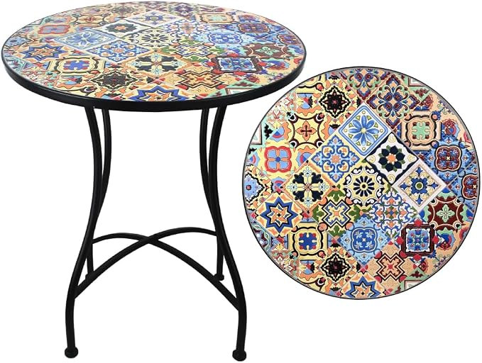 24 Inch Mosaic Patio Round Side Table with X-Curved Legs Indoor and Outdoor Accent End Table for Yard, Garden, Living Room, Bistro, B - Multicolor Talavera