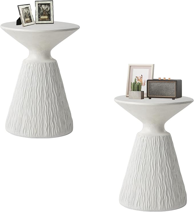 HOMPUS Round Outdoor Side Table, Mushroom MgO Samll Concrete Accent Table, Lightweight Patio End Table, Plant Stand for Paito, Outside, White