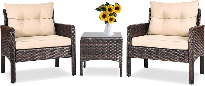 DORTALA Small Patio Furniture Set 3 Piece, Wicker Outdoor Table and Chairs Set with Cushions, All Weather Rattan Conversation Bistro Set for Balcony, Porch, Backyard, Deck, Beige