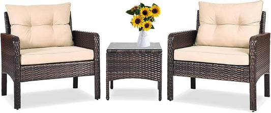 DORTALA Small Patio Furniture Set 3 Piece, Wicker Outdoor Table and Chairs Set with Cushions, All Weather Rattan Conversation Bistro Set for Balcony, Porch, Backyard, Deck, Beige