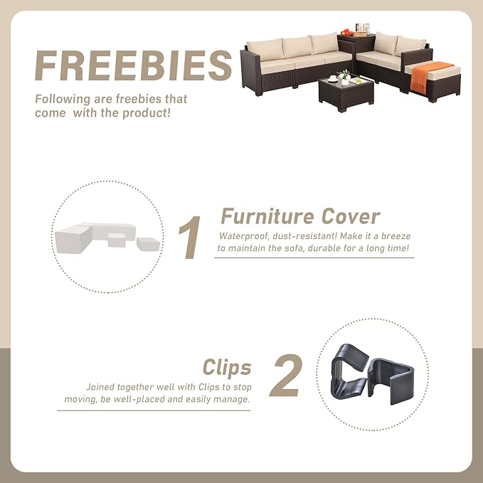 Valita 5 Pieces Brown Wicker Patio Furniture Set Outdoor Sectional Conversation Sofa Set with Storage Bin and Glass Table with Non-Slip Cushions Furniture Covers, Beige