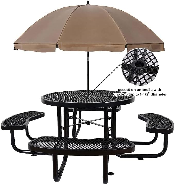 46" Round Commercial Picnic Table for 4-8 Person, Heavy Duty Metal Outdoor Picnic Table with Umbrella Hole for Coffee Shop, School, Hospital, Easy to Install, Black