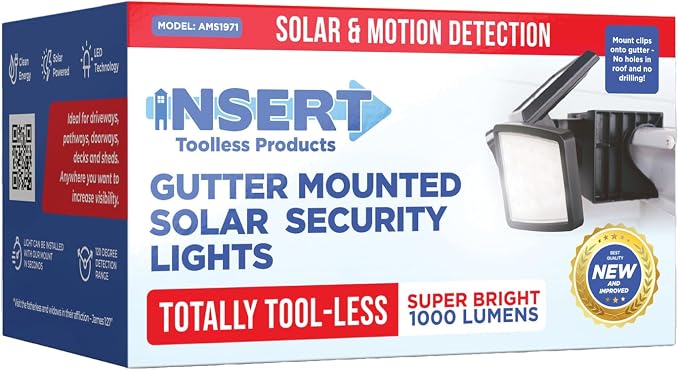 Insert Solar Lights AMS1971 1,000 Lumens Motion-Activated Triple-Head Solar-Powered Security Light with Tool-Free Gutter Mount Bracket (Black)
