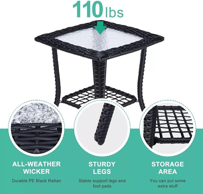 Patio Wicker Side Table, Outdoor PE Rattan End Table with Tempered Glass Top and 2-Tier Storage Shelf, Square Coffee Table for Deck Porch Garden Backyard- Black
