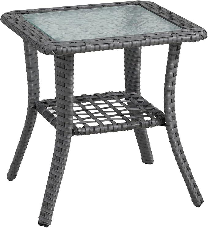 Patio Tables Wicker Side Table, Rattan End Table with Glass Top for Outdoor Outside Patio Porch Deck Square Brown