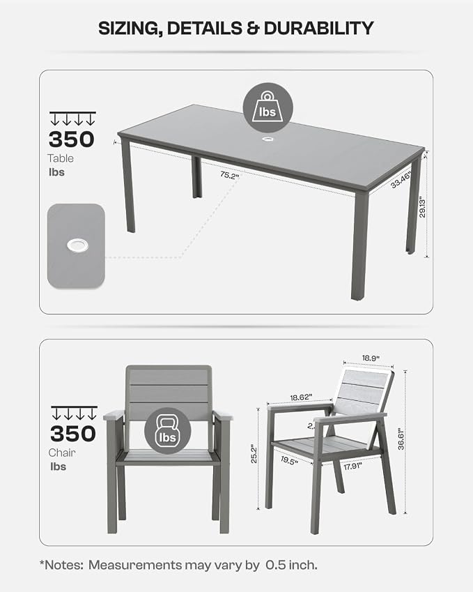 7-Piece Outdoor Dining Set with 15FT Umbrella,Grey | HDPE table, chairs included, aluminum frame, 2" hole design, weather-resistant furniture, perfect for backyard, deck, garden