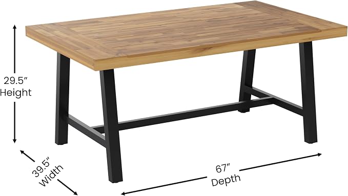 Flash Furniture Rafe Commercial Grade Acacia Wood Dining Table with Metal Base, Indoor/Outdoor Rectangle Patio Table with Plank Style Table Top, Natural/Black