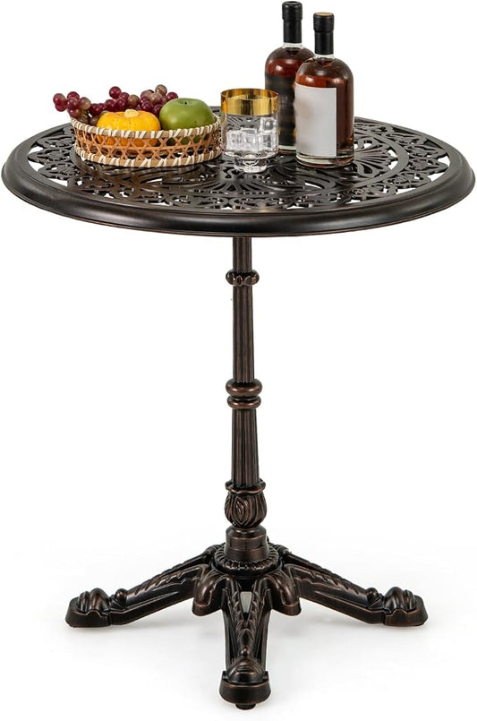 HAPPYGRILL Outdoor Dining Table 27", Cast Aluminum Patio Table with Hollowed-Out Tabletop, Carved Cross Base, Round Outdoor Side Table for Yard, Balcony, Garden, Poolside